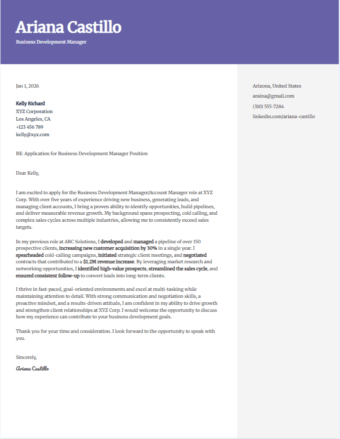Cover letter example for business development manager