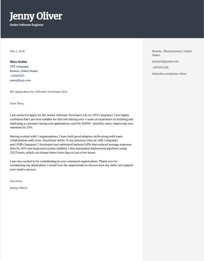 Sample cover letter for software developer showing all key components