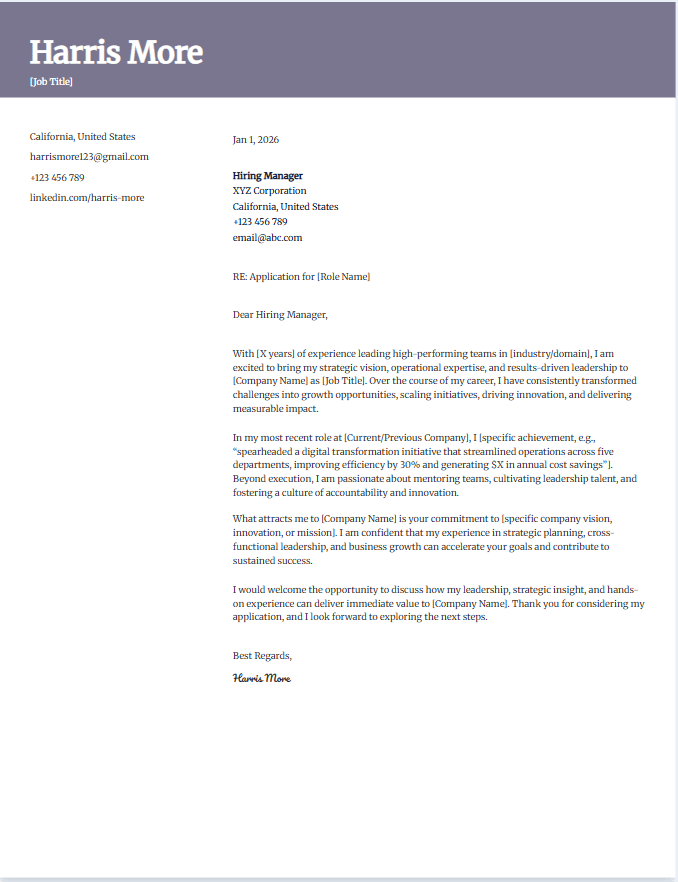 Sample cover letter template for senior-level employee